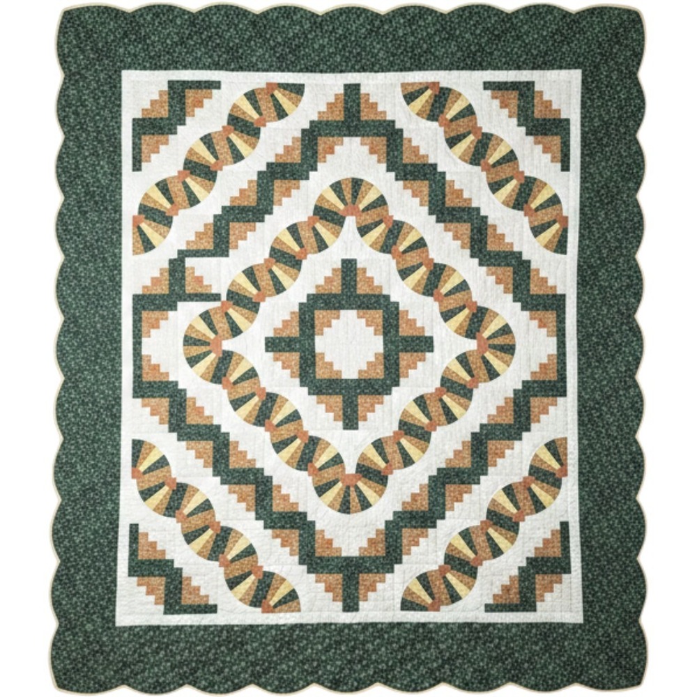 Handmade Patchwork Quilt Log Cabin & Grandmothers Fan Pattern 88x100 Scalloped